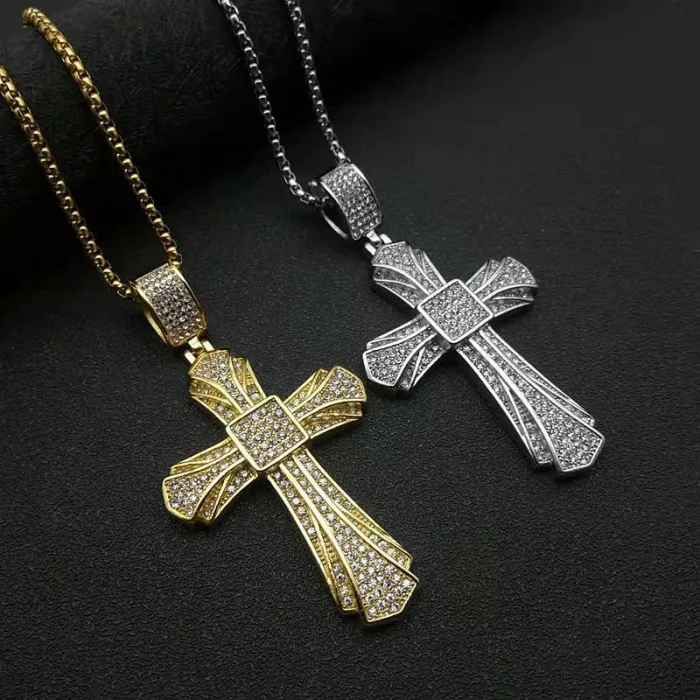 Wholesale Gold Cross Pendant Necklace – Bulk Titanium Steel Full CZ Hip Hop Jewelry for Men at Factory Price