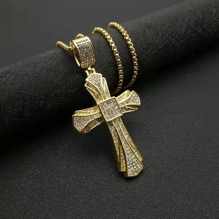 Wholesale Gold Cross Pendant Necklace – Bulk Titanium Steel Full CZ Hip Hop Jewelry for Men at Factory Price