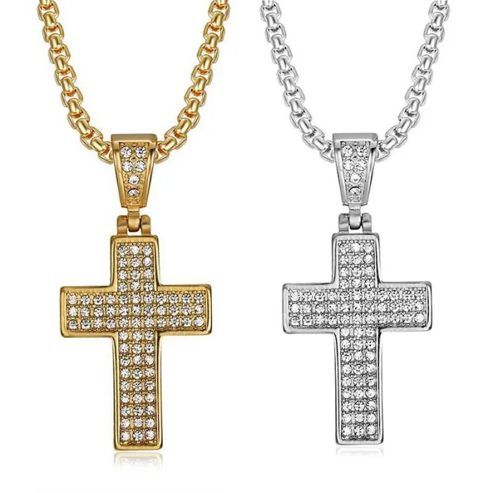 Wholesale Full CZ Cross Pendant – Bulk Gold-Plated Titanium Steel Hip Hop Necklace for Men & Women at Factory Price