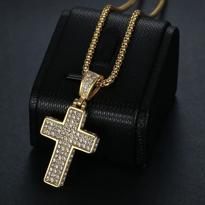 Wholesale Full CZ Cross Pendant – Bulk Gold-Plated Titanium Steel Hip Hop Necklace for Men & Women at Factory Price