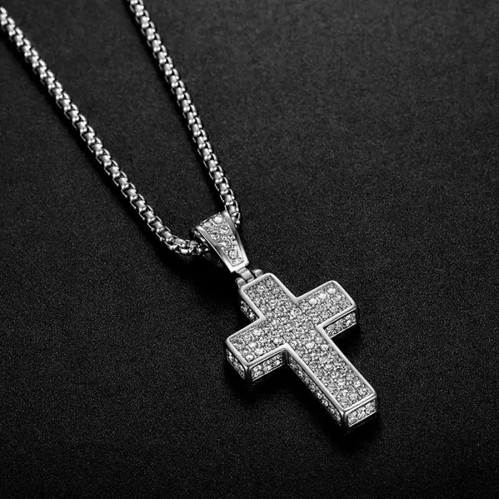 Wholesale Full CZ Cross Pendant – Bulk Gold-Plated Titanium Steel Hip Hop Necklace for Men & Women at Factory Price