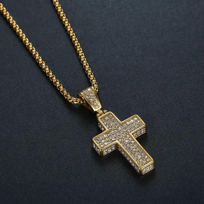 Wholesale Full CZ Cross Pendant – Bulk Gold-Plated Titanium Steel Hip Hop Necklace for Men & Women at Factory Price