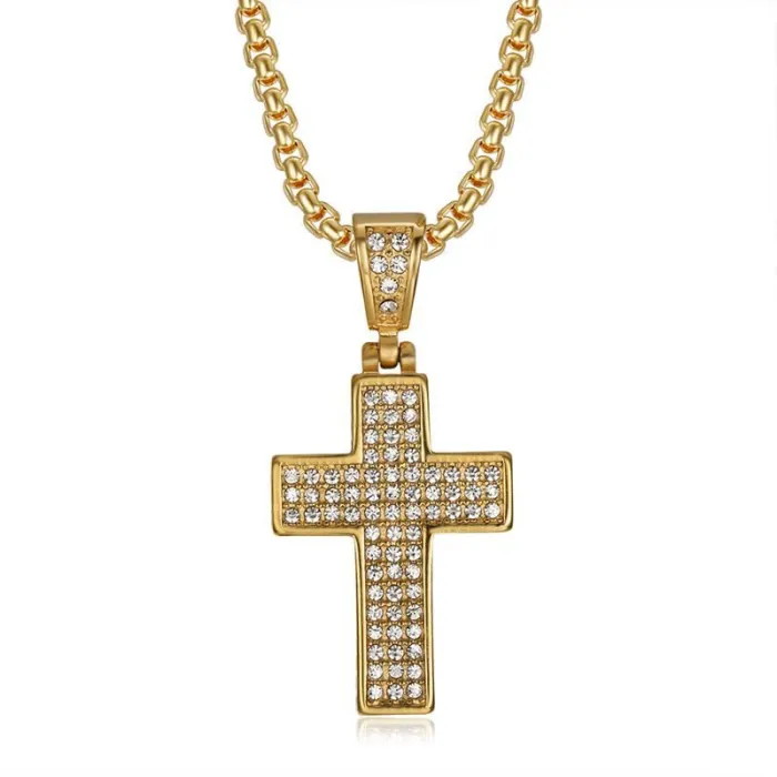 Wholesale Full CZ Cross Pendant – Bulk Gold-Plated Titanium Steel Hip Hop Necklace for Men & Women at Factory Price