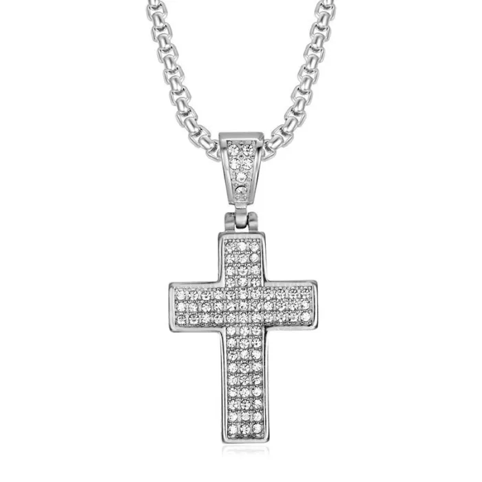 Wholesale Full CZ Cross Pendant – Bulk Gold-Plated Titanium Steel Hip Hop Necklace for Men & Women at Factory Price