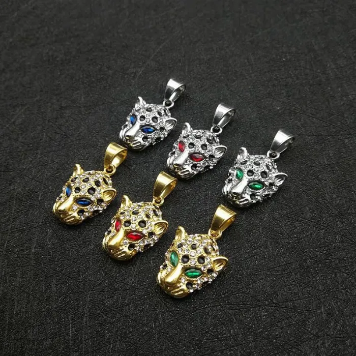 Wholesale Leopard Head Pendant – Bulk Gold-Plated Stainless Steel Hip Hop Necklace with CZ and Red/Green/Blue Eyes at Factory Price