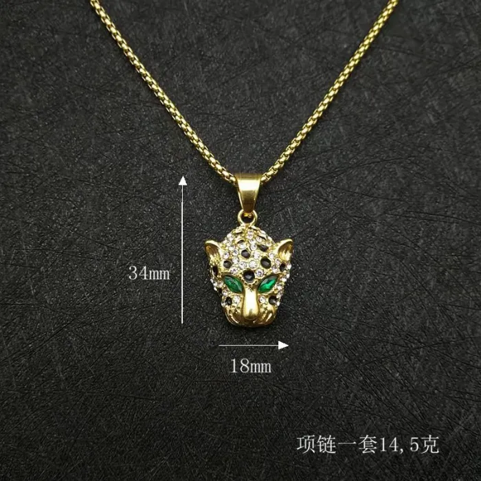 Wholesale Leopard Head Pendant – Bulk Gold-Plated Stainless Steel Hip Hop Necklace with CZ and Red/Green/Blue Eyes at Factory Price
