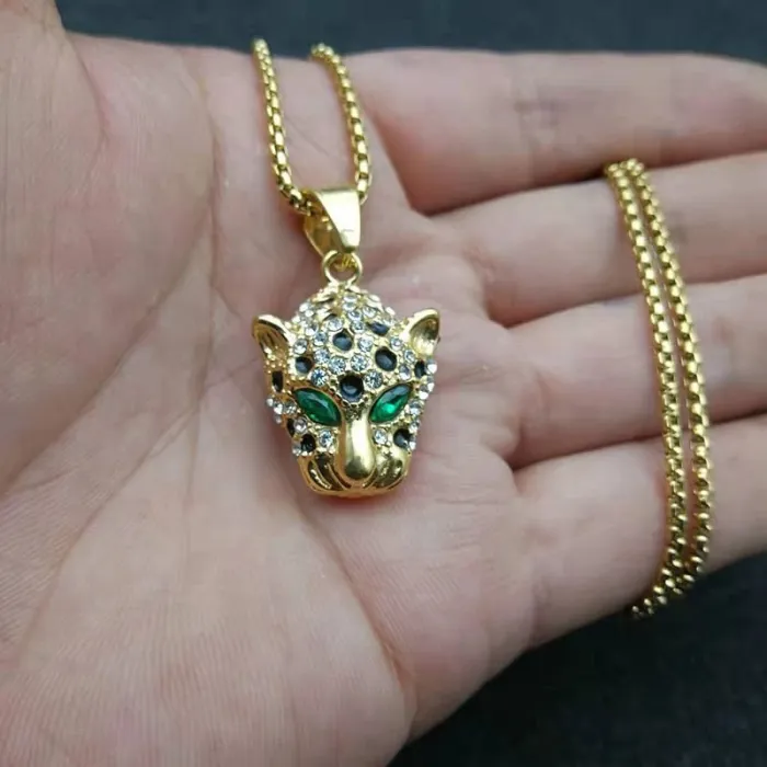 Wholesale Leopard Head Pendant – Bulk Gold-Plated Stainless Steel Hip Hop Necklace with CZ and Red/Green/Blue Eyes at Factory Price