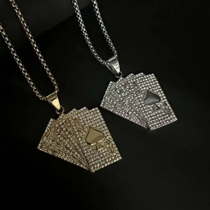 Wholesale Poker Pendant Necklace – Bulk Gold-Plated Stainless Steel Hip Hop “Royal Flush” Jewelry with CZ at Factory Price