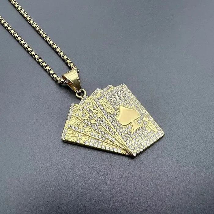Wholesale Poker Pendant Necklace – Bulk Gold-Plated Stainless Steel Hip Hop “Royal Flush” Jewelry with CZ at Factory Price