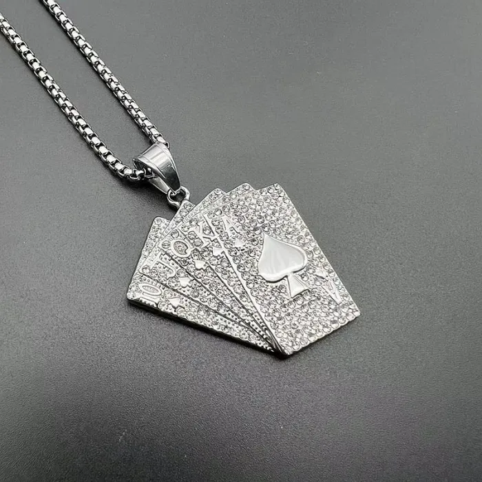 Wholesale Poker Pendant Necklace – Bulk Gold-Plated Stainless Steel Hip Hop “Royal Flush” Jewelry with CZ at Factory Price