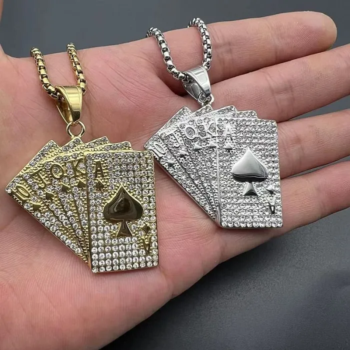 Wholesale Poker Pendant Necklace – Bulk Gold-Plated Stainless Steel Hip Hop “Royal Flush” Jewelry with CZ at Factory Price