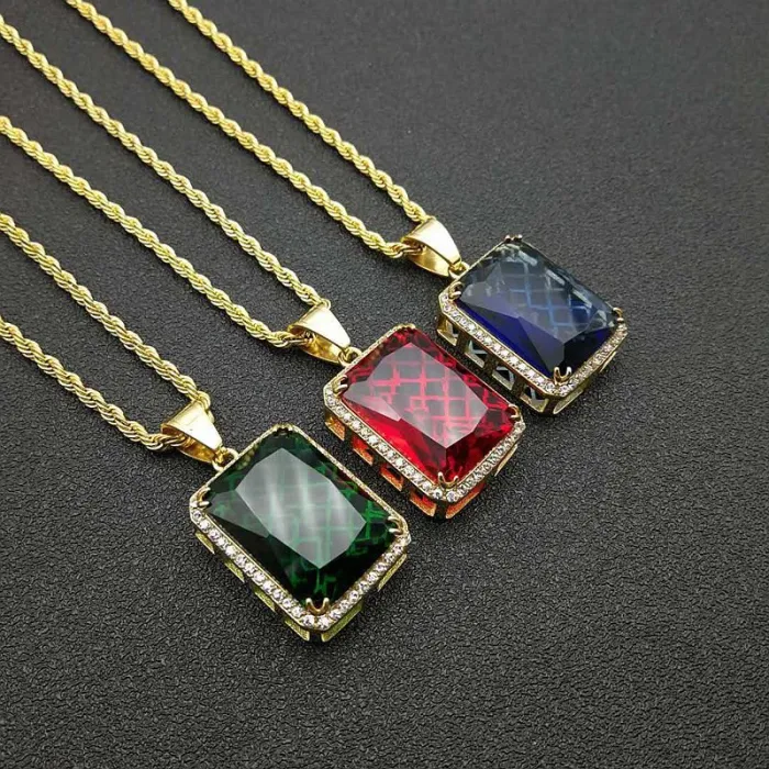 Wholesale Gemstone Pendant Necklace – Bulk Gold-Plated Titanium Steel Hip Hop Jewelry with CZ at Factory Price