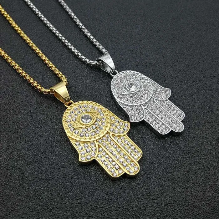Wholesale Gold Plated Titanium Steel Hamsa Hand Pendant Necklace – Hip Hop Jewelry Bulk Supplier Factory Price