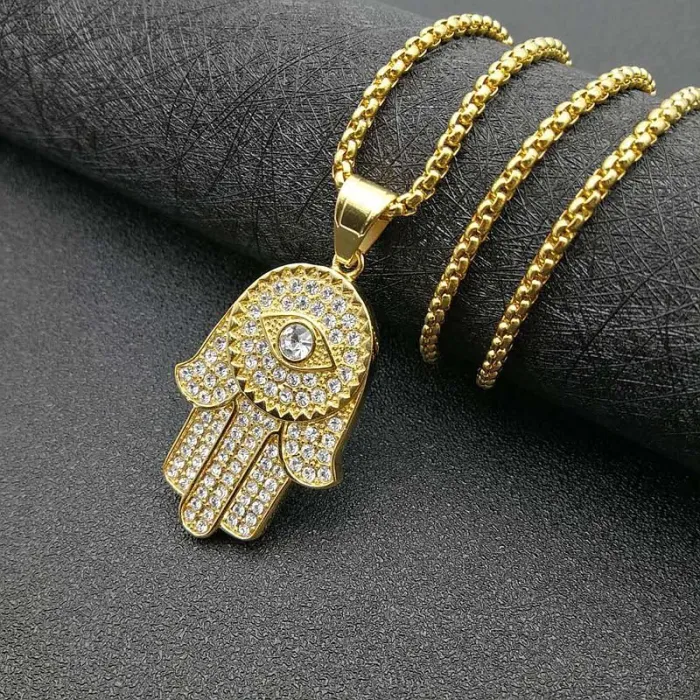Wholesale Gold Plated Titanium Steel Hamsa Hand Pendant Necklace – Hip Hop Jewelry Bulk Supplier Factory Price