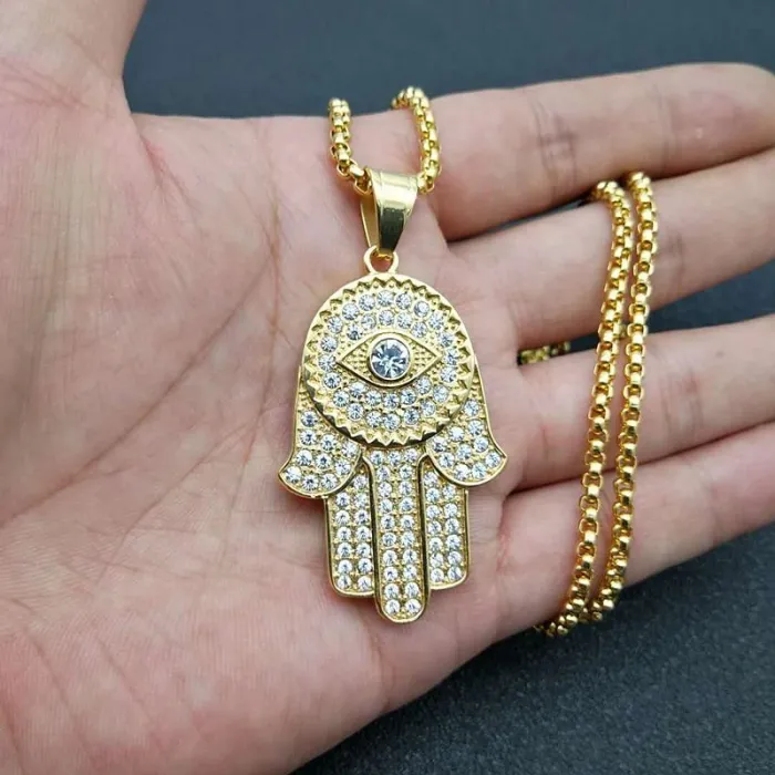 Wholesale Gold Plated Titanium Steel Hamsa Hand Pendant Necklace – Hip Hop Jewelry Bulk Supplier Factory Price