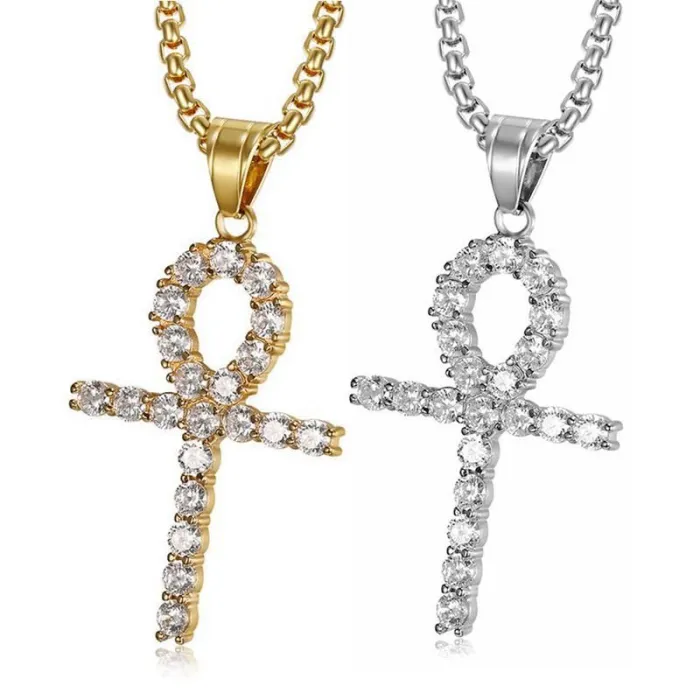 Wholesale Gold Plated Titanium Steel Ankh Pendant Necklace with Cubic Zirconia – Hip Hop Jewelry Bulk Supplier Factory Price
