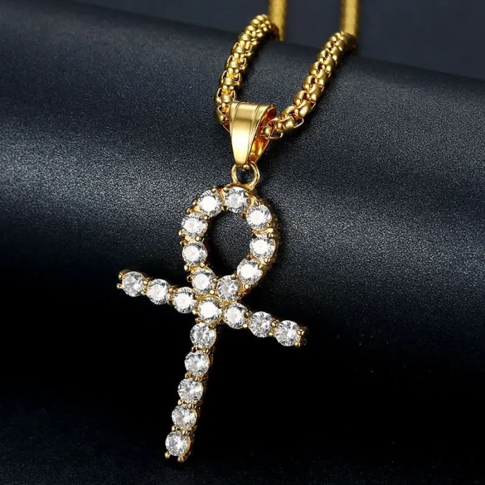 Wholesale Gold Plated Titanium Steel Ankh Pendant Necklace with Cubic Zirconia – Hip Hop Jewelry Bulk Supplier Factory Price