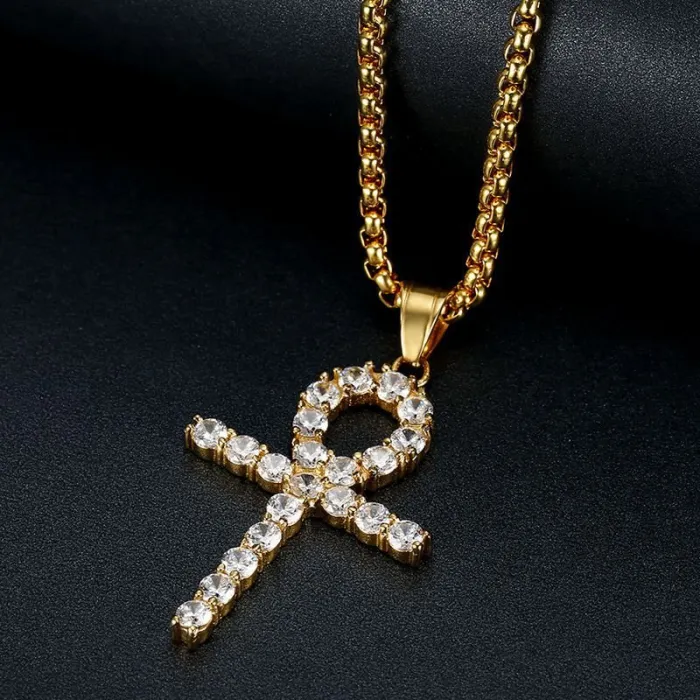 Wholesale Gold Plated Titanium Steel Ankh Pendant Necklace with Cubic Zirconia – Hip Hop Jewelry Bulk Supplier Factory Price