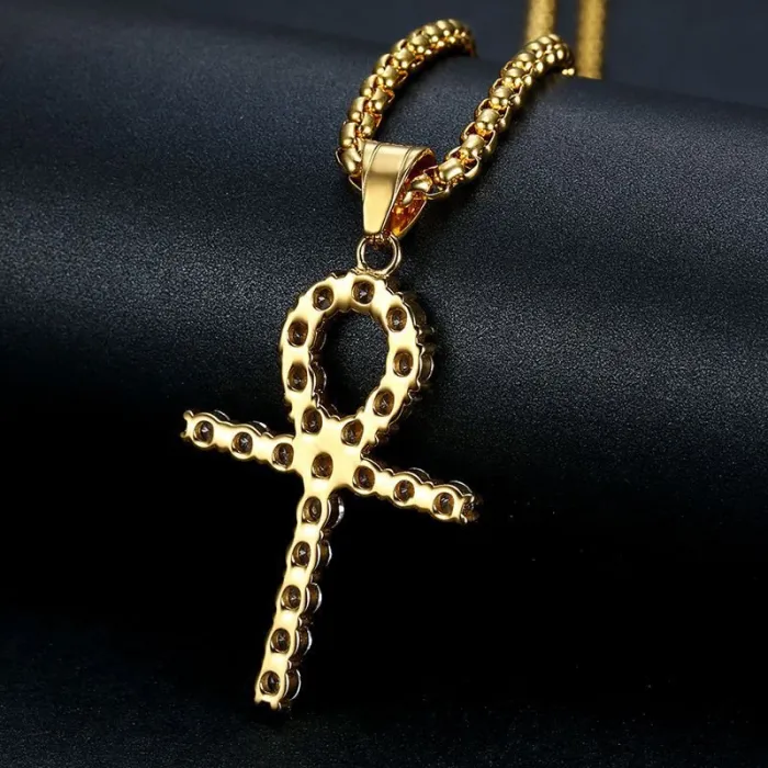 Wholesale Gold Plated Titanium Steel Ankh Pendant Necklace with Cubic Zirconia – Hip Hop Jewelry Bulk Supplier Factory Price