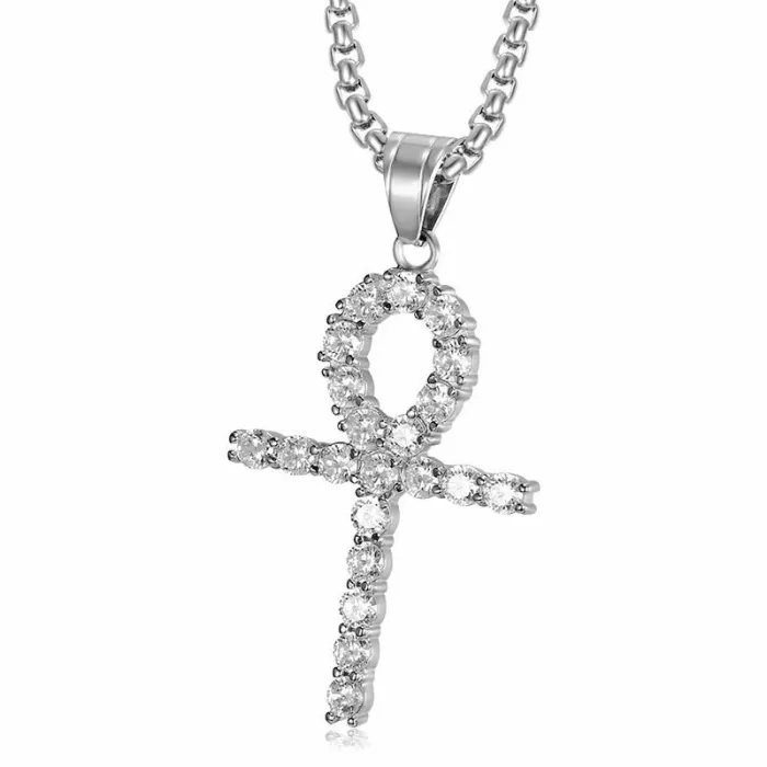 Wholesale Gold Plated Titanium Steel Ankh Pendant Necklace with Cubic Zirconia – Hip Hop Jewelry Bulk Supplier Factory Price