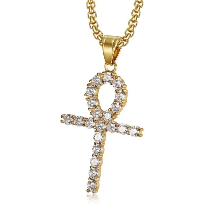 Wholesale Gold Plated Titanium Steel Ankh Pendant Necklace with Cubic Zirconia – Hip Hop Jewelry Bulk Supplier Factory Price