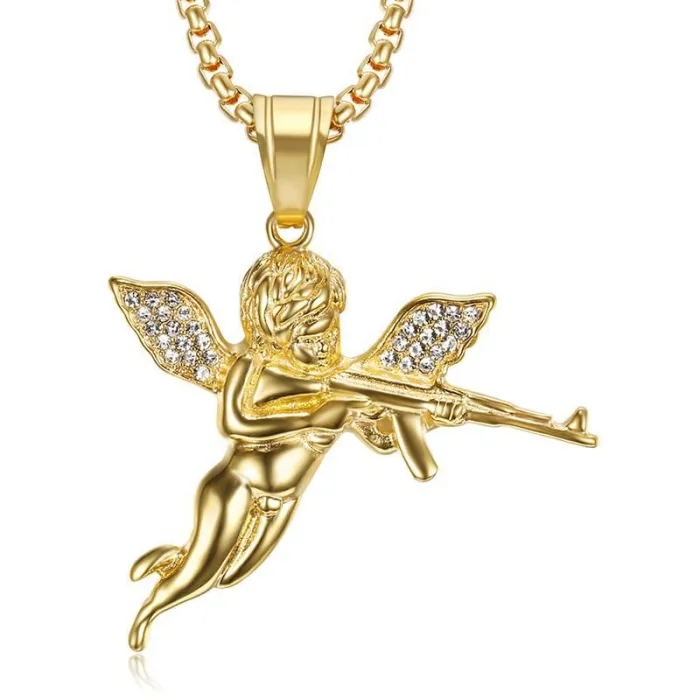 Wholesale Gold Plated Titanium Steel Avenging Angel Pendant Necklace – Hip Hop Iced Out Jewelry Bulk Supplier Factory Price