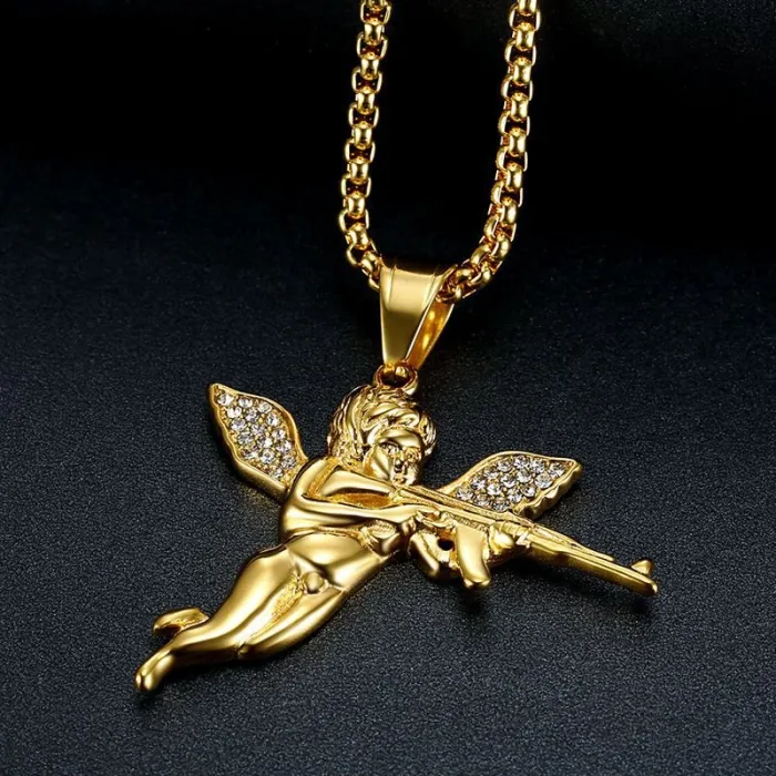Wholesale Gold Plated Titanium Steel Avenging Angel Pendant Necklace – Hip Hop Iced Out Jewelry Bulk Supplier Factory Price