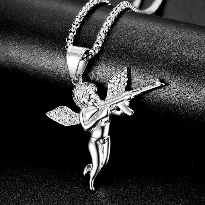 Wholesale Gold Plated Titanium Steel Avenging Angel Pendant Necklace – Hip Hop Iced Out Jewelry Bulk Supplier Factory Price