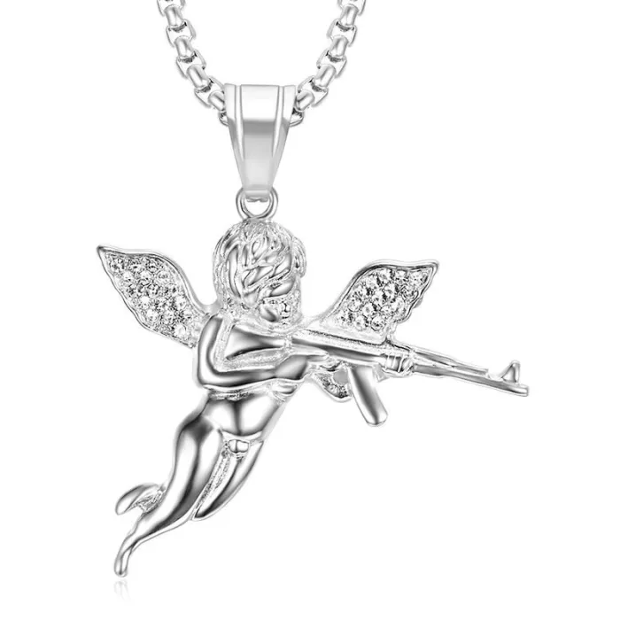 Wholesale Gold Plated Titanium Steel Avenging Angel Pendant Necklace – Hip Hop Iced Out Jewelry Bulk Supplier Factory Price