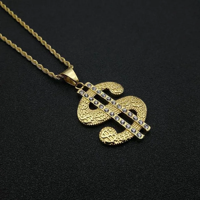 Wholesale Gold Plated Titanium Steel Dollar Pendant Necklace – Hip Hop Iced Out Jewelry Bulk Supplier Factory Price