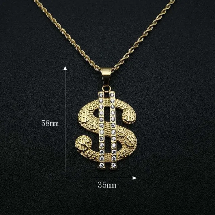 Wholesale Gold Plated Titanium Steel Dollar Pendant Necklace – Hip Hop Iced Out Jewelry Bulk Supplier Factory Price