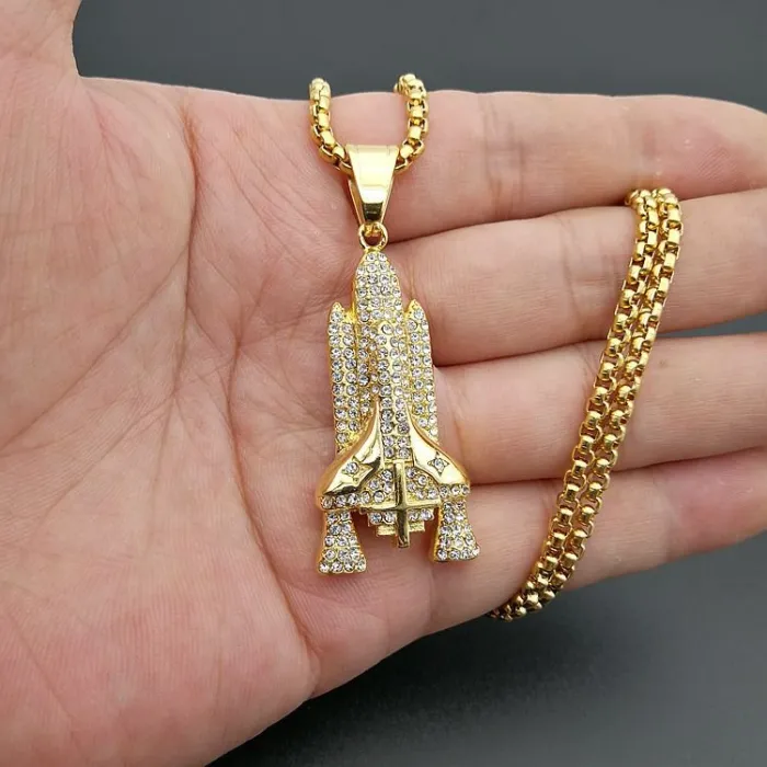 Wholesale Gold Plated Titanium Steel Rocket Pendant Necklace – Hip Hop Iced Out Space Jewelry Bulk Supplier Factory Price