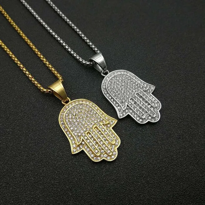 Wholesale Gold Plated Titanium Steel Hamsa Hand Pendant Necklace – Hip Hop Iced Out Jewelry Bulk Supplier Factory Price