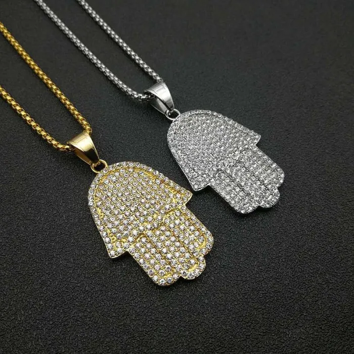 Wholesale Gold Plated Titanium Steel Hamsa Hand Pendant Necklace – Hip Hop Iced Out Jewelry Bulk Supplier Factory Price