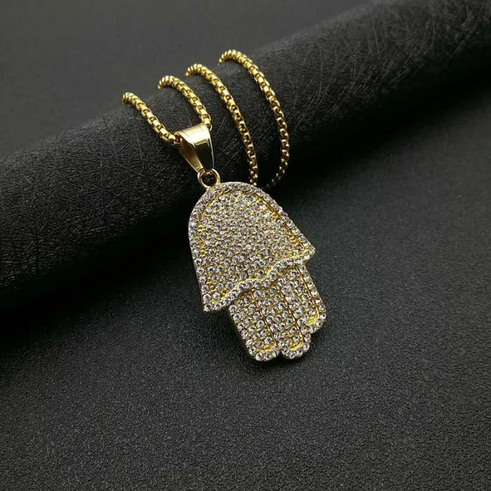 Wholesale Gold Plated Titanium Steel Hamsa Hand Pendant Necklace – Hip Hop Iced Out Jewelry Bulk Supplier Factory Price