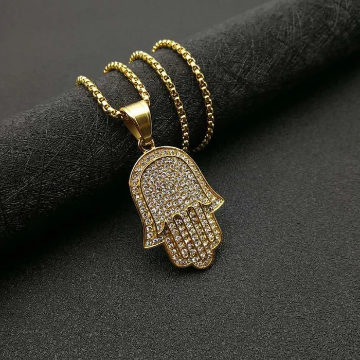 Wholesale Gold Plated Titanium Steel Hamsa Hand Pendant Necklace – Hip Hop Iced Out Jewelry Bulk Supplier Factory Price