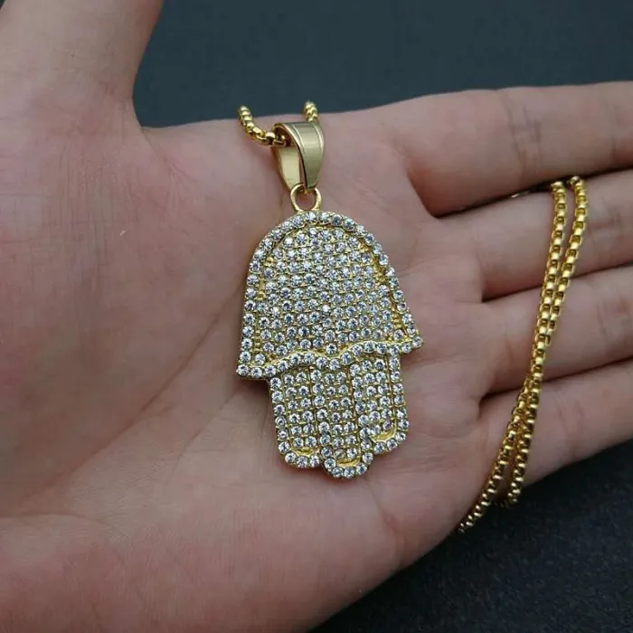 Wholesale Gold Plated Titanium Steel Hamsa Hand Pendant Necklace – Hip Hop Iced Out Jewelry Bulk Supplier Factory Price