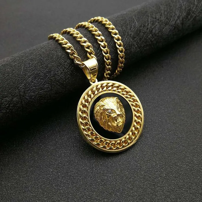 Wholesale Gold Plated Titanium Steel Lion Head Pendant Necklace with Cuban Chain – Hip Hop Jewelry Bulk Supplier Factory Price