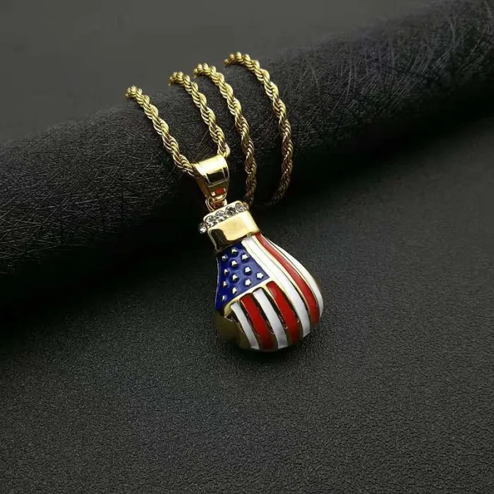 Wholesale Gold Plated Titanium Steel Boxing Glove Pendant Necklace with USA Flag – Hip Hop Iced Out Jewelry Bulk Supplier Factory Price