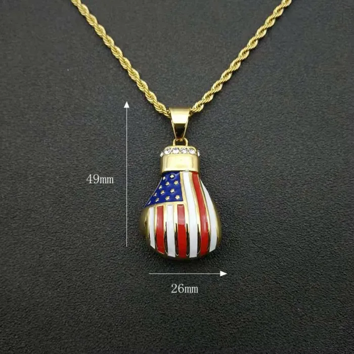 Wholesale Gold Plated Titanium Steel Boxing Glove Pendant Necklace with USA Flag – Hip Hop Iced Out Jewelry Bulk Supplier Factory Price
