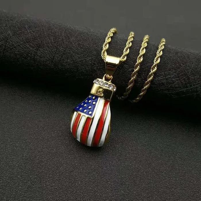 Wholesale Gold Plated Titanium Steel Boxing Glove Pendant Necklace with USA Flag – Hip Hop Iced Out Jewelry Bulk Supplier Factory Price