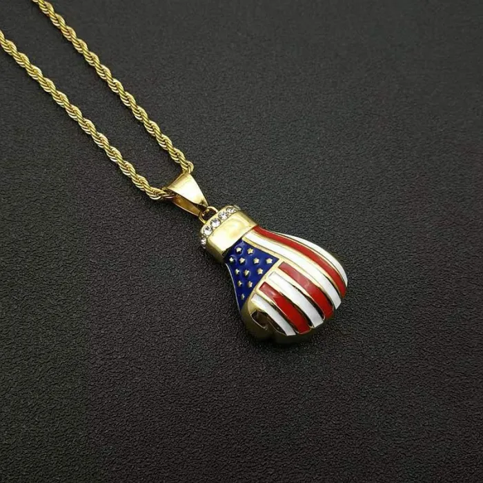 Wholesale Gold Plated Titanium Steel Boxing Glove Pendant Necklace with USA Flag – Hip Hop Iced Out Jewelry Bulk Supplier Factory Price