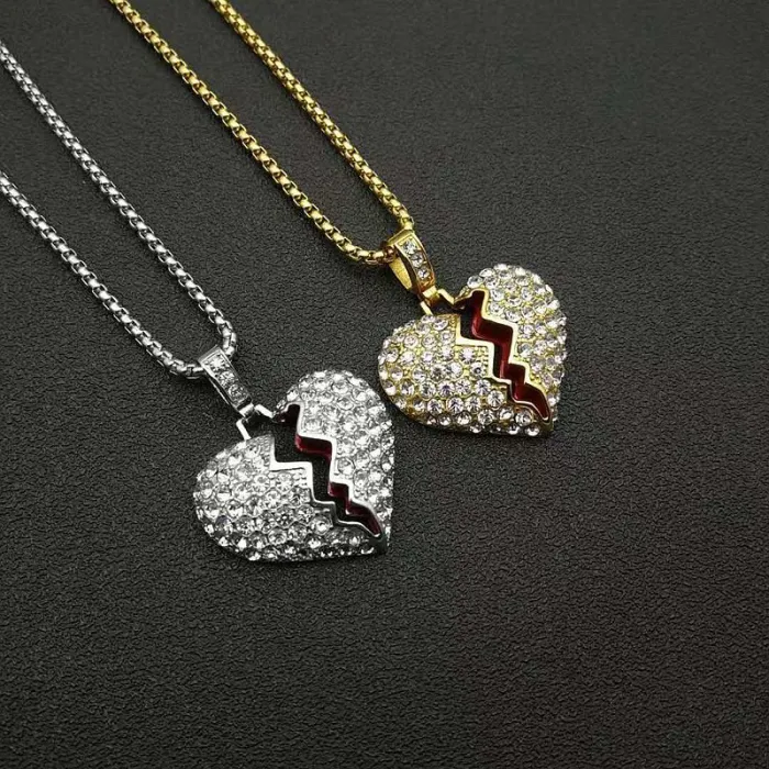 Wholesale Gold Plated Titanium Steel Broken Heart Pendant Necklace with Red Enamel – Hip Hop Iced Out Jewelry Bulk Supplier Factory Price