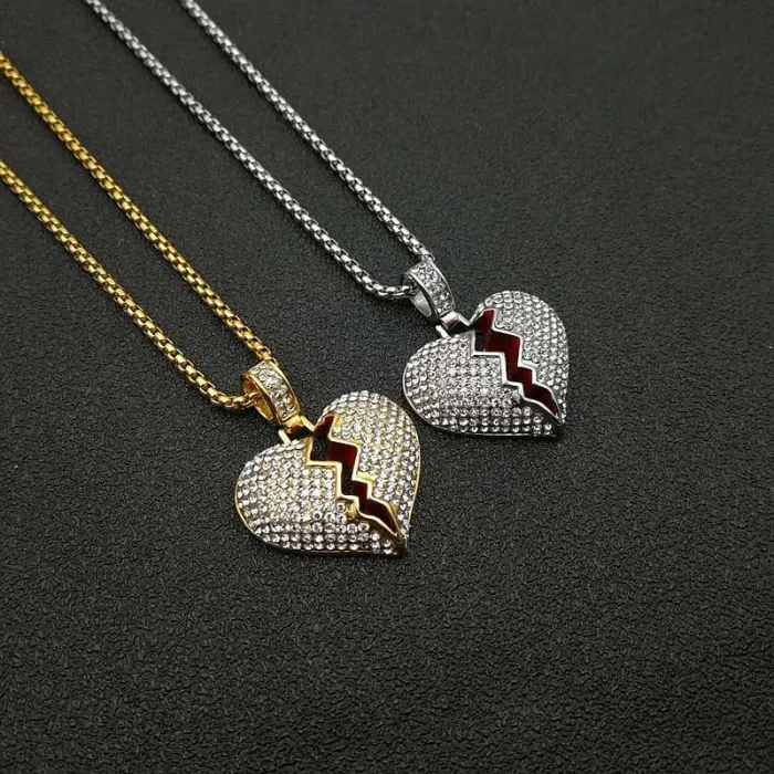 Wholesale Gold Plated Titanium Steel Broken Heart Pendant Necklace with Red Enamel – Hip Hop Iced Out Jewelry Bulk Supplier Factory Price
