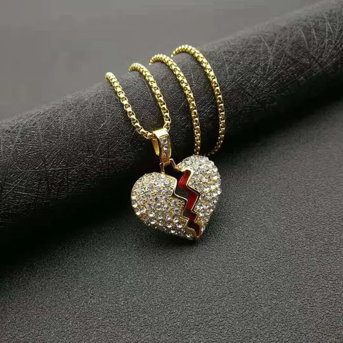 Wholesale Gold Plated Titanium Steel Broken Heart Pendant Necklace with Red Enamel – Hip Hop Iced Out Jewelry Bulk Supplier Factory Price