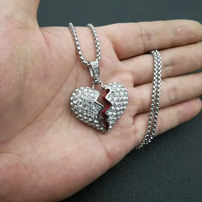 Wholesale Gold Plated Titanium Steel Broken Heart Pendant Necklace with Red Enamel – Hip Hop Iced Out Jewelry Bulk Supplier Factory Price