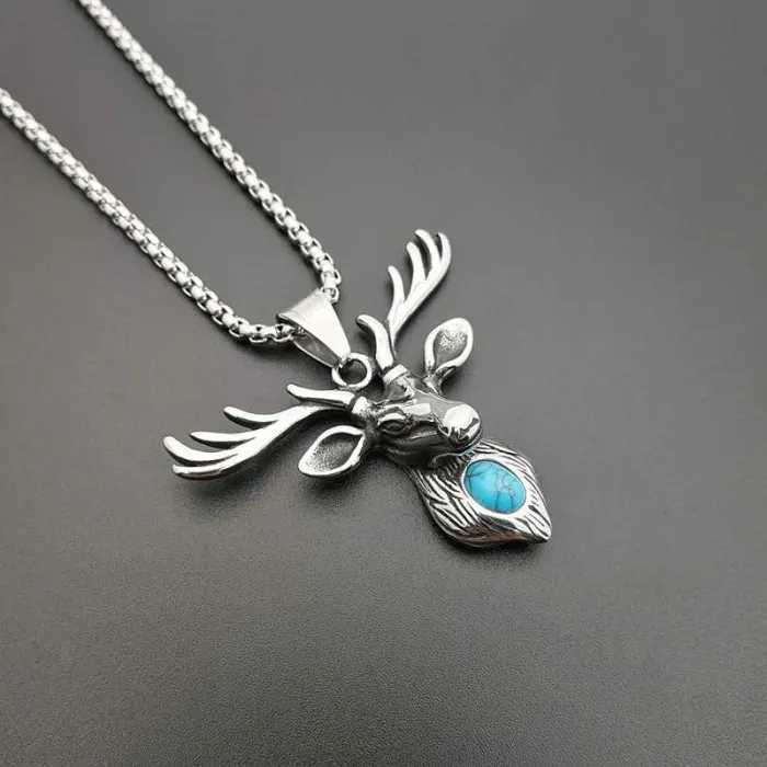 Wholesale Titanium Steel Turquoise Deer Head Pendant Necklace – Vintage Punk Jewelry Bulk Supplier Factory Price