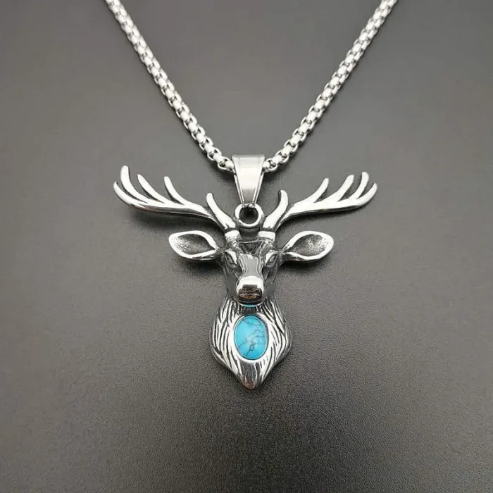 Wholesale Titanium Steel Turquoise Deer Head Pendant Necklace – Vintage Punk Jewelry Bulk Supplier Factory Price