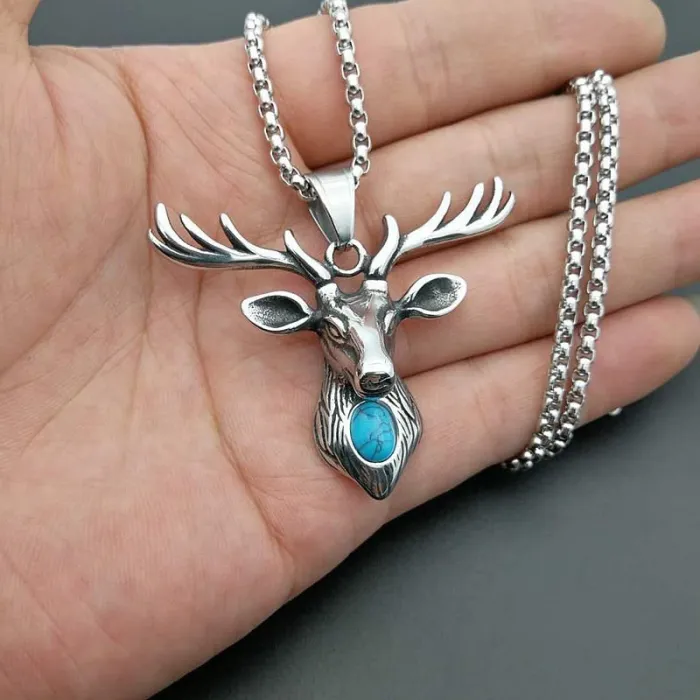 Wholesale Titanium Steel Turquoise Deer Head Pendant Necklace – Vintage Punk Jewelry Bulk Supplier Factory Price