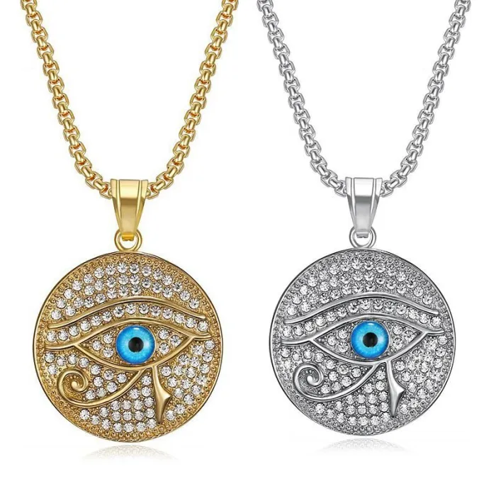 Wholesale Gold Plated Titanium Steel Blue Eye of Horus Pendant Necklace – Hip Hop Iced Out Jewelry Bulk Supplier Factory Price